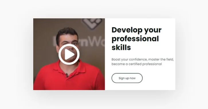 Man in a red polo faces the camera with a circular play-button overlay; split-screen shows promotional content on a white panel beside him.