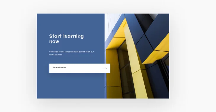 Blue subscription panel invites sign-ups while a modern yellow-and-navy geometric building façade fills the right side, forming a promotional webpage...