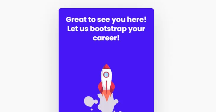Rocket ascending, emitting smoke and flame; centered on a purple rounded-rectangle card with white header text; simple flat illustration on a light...