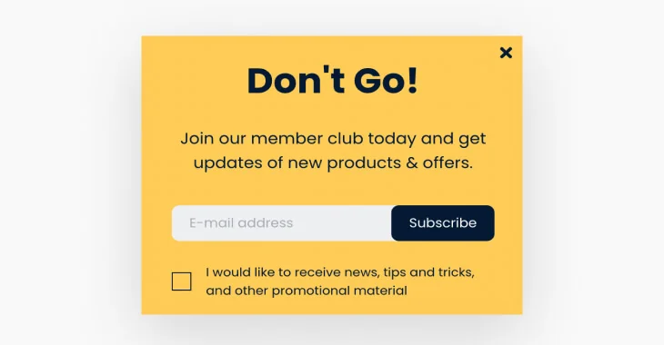 Yellow subscription pop-up modal urging a sign-up, centered on a light gray background.