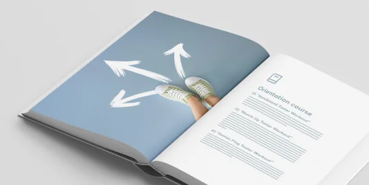 Open booklet showing a spread: left page shows a pair of sneakers with three white arrows pointing different directions; right page lists an...