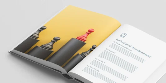Red chess pawn stands elevated on a tall black column among lower black pawns; it's printed in an open booklet showing a "Professional development"...