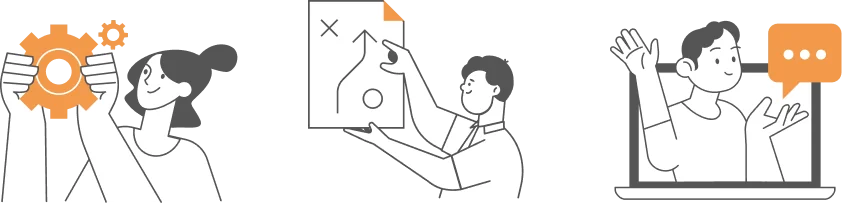 Woman holds orange gear; man points to a diagram with X, circle, arrow on a sheet; person waves from a laptop screen with an orange speech bubble.
