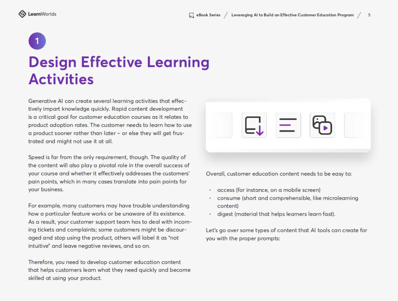 Page showing an eBook section: a purple‑titled article about designing learning activities, explaining AI-driven content strategies with paragraphs,...