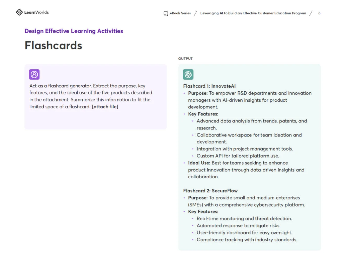 Flashcards — a left prompt box asks for flashcard summaries while a right output panel displays AI-generated flashcards and bullets on a LearnWorlds...