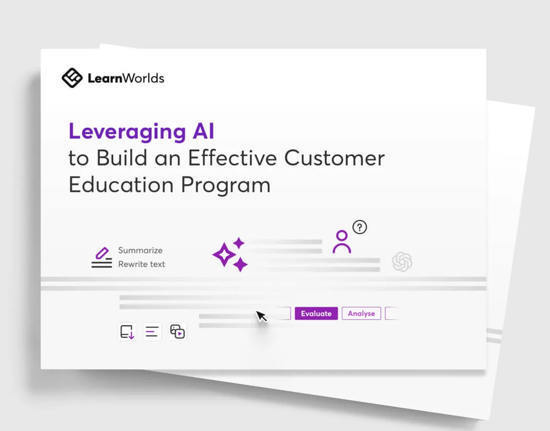 Slide presents a white presentation page showing a title about using AI, with icons and purple buttons suggesting summarizing, rewriting, evaluating,...