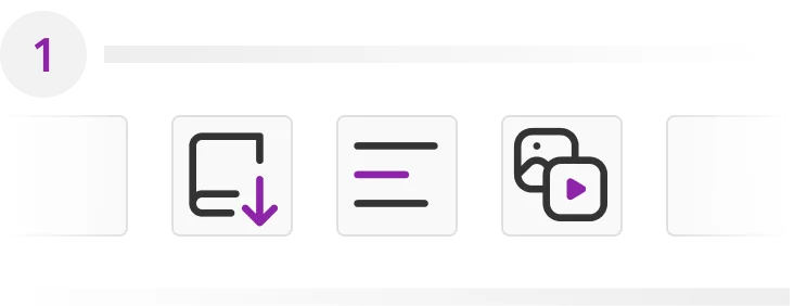 Toolbar labeled "1" with five square buttons: second shows a document with a purple download arrow; third shows three lines with a purple middle;...
