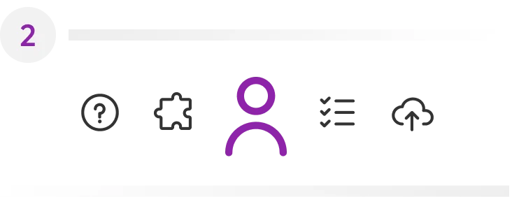 Purple user avatar icon highlighted, centered on a black horizontal toolbar with dimmed icons (question mark, puzzle piece, checklist, upload cloud)...