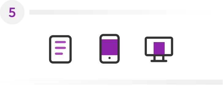Three stylized devices—tablet, smartphone, monitor—display purple content: tablet with three lines, phone with a filled top area, monitor with...