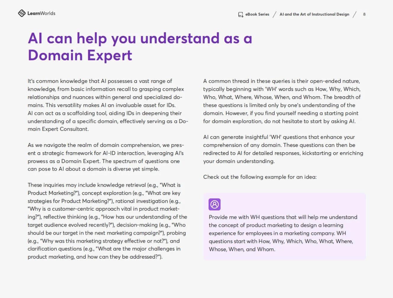 Page titled "AI can help you understand as a Domain Expert," two-column explanatory text about AI assisting instructional designers, with a...