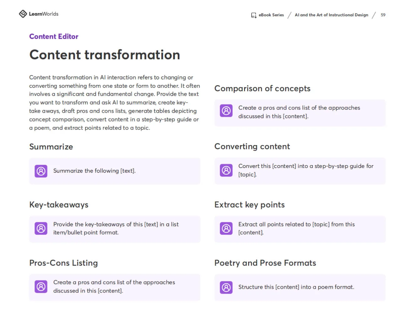 Content transformation page — main content lists AI prompts for transforming text, shown as labeled prompt boxes on a two-column LearnWorlds eBook...