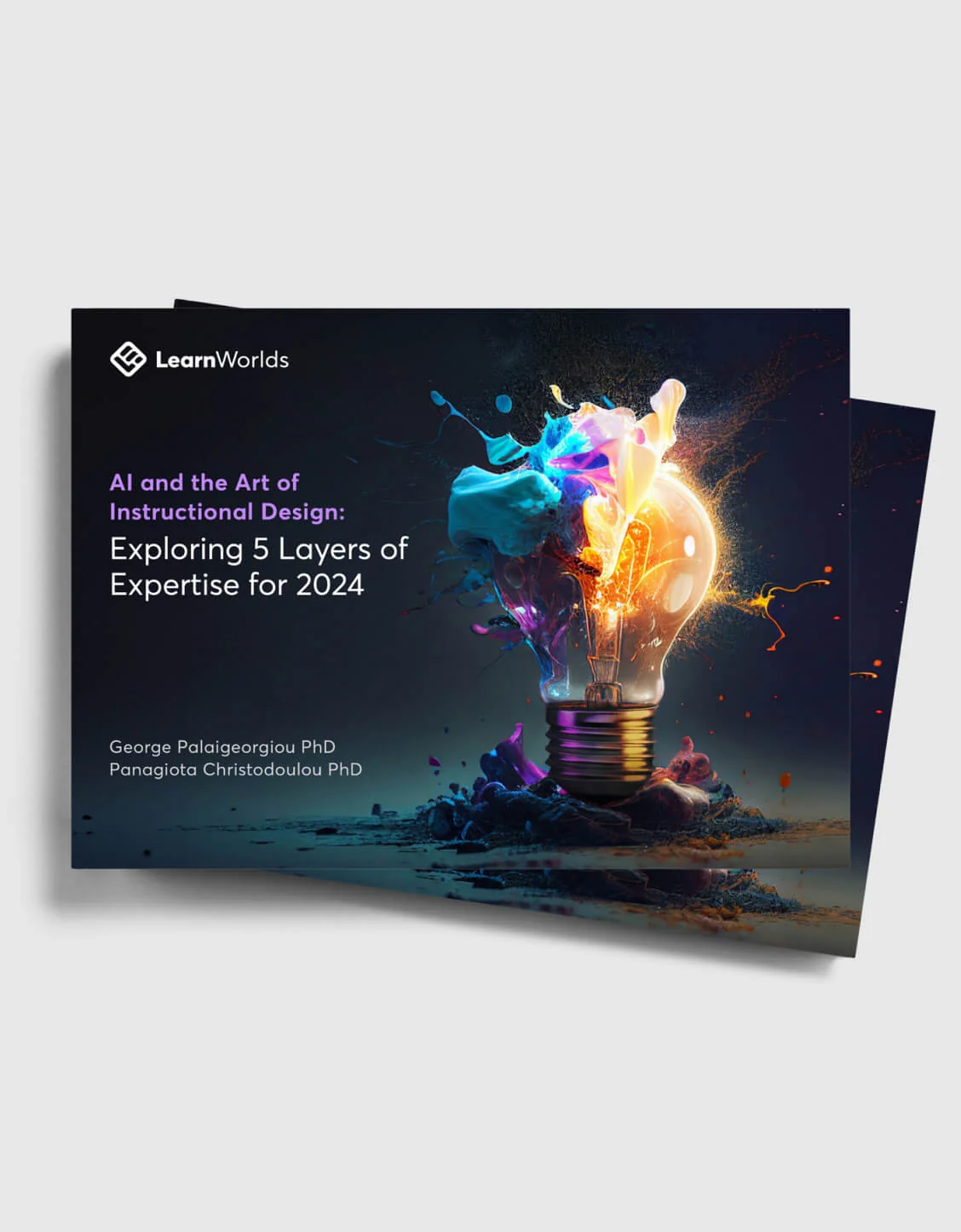 Light bulb erupts into colorful paint and sparks on a dark reflective surface, presented as a LearnWorlds cover.