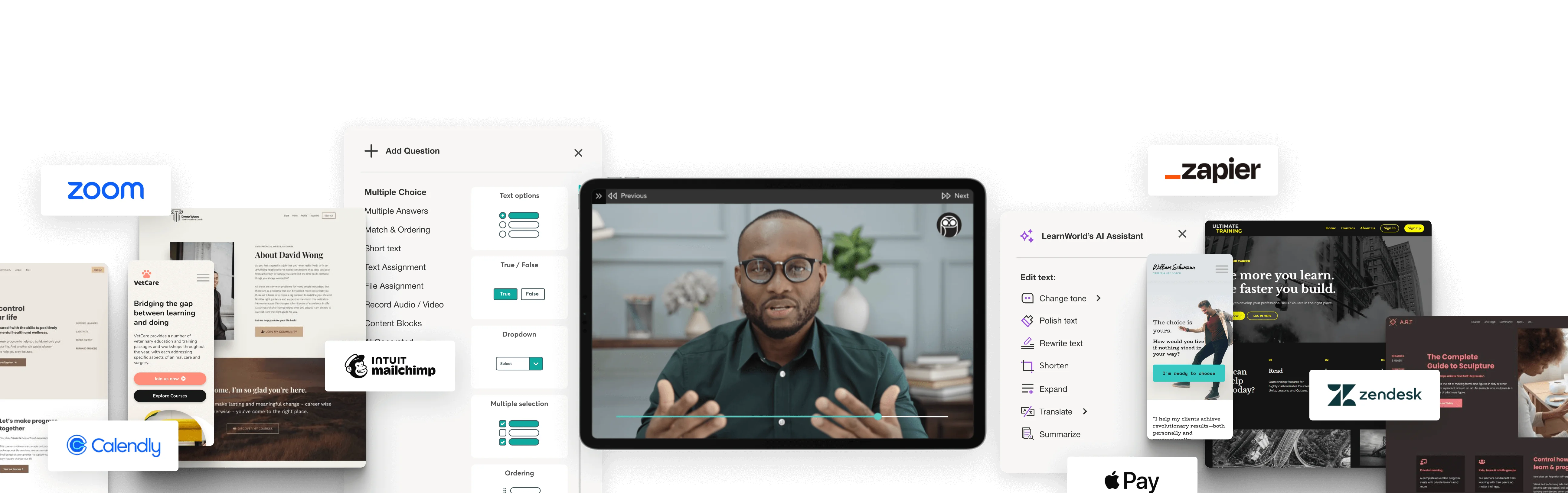 Tablet shows a man speaking; surrounding UI panels display course-builder controls and an AI writing assistant; website mockups and third-party...