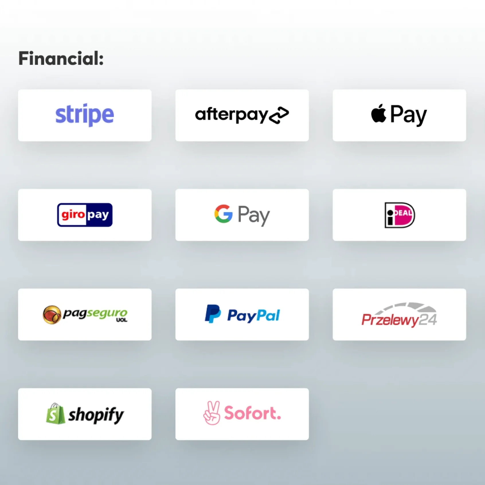 A grid of payment-provider logo cards displays on a soft gray gradient background.