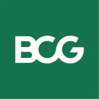 White "BCG" letters centered and displayed as a bold corporate logo on a solid dark-green square background.