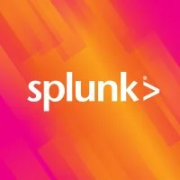 Splunk logo text "splunk>®" centered, white against a vibrant diagonal orange-to-pink gradient background with layered geometric streaks.