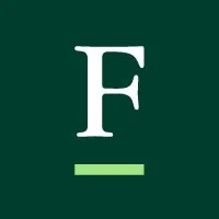 Capital letter "F" (text: "F") centered above a short light-green horizontal bar on a solid dark-green square background, resembling a minimalist...
