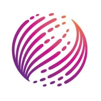 Abstract spherical logo of curved tapering lines and scattered dots, evoking a swirling rotation; gradient from magenta to orange on a white...