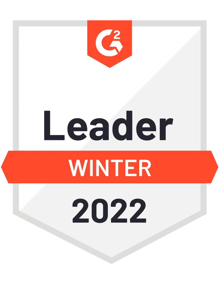 Shield-shaped badge declares a "Leader" award on a white-gray field, with a red horizontal ribbon and a red G² logo tab at the top.