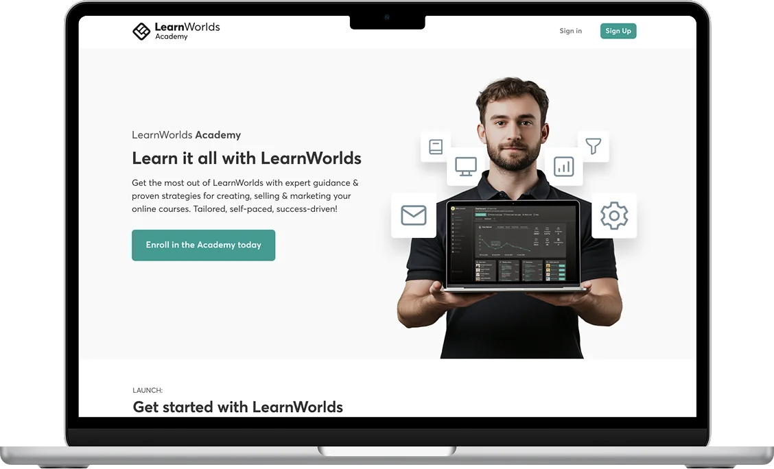 Person holding a laptop presents a LearnWorlds Academy webpage on a clean white background, featuring a headline, descriptive copy, and a green...