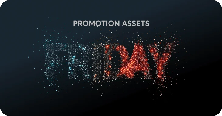 Large word "FRIDAY" formed of glowing particles (blue left, red right) that appear to disperse outward; set on a dark gradient background with...