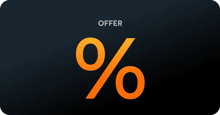 Large orange percent symbol dominates the center (object-action) on a dark rounded-rectangle card with subtle diagonal gradient (context).