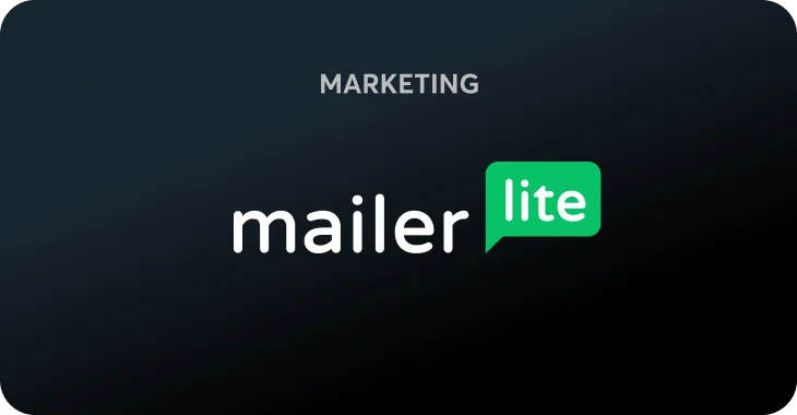 MailerLite logo centered: "mailer" in white text with "lite" in a green speech-bubble; "MARKETING" uppercase sits above on a dark diagonal gradient...
