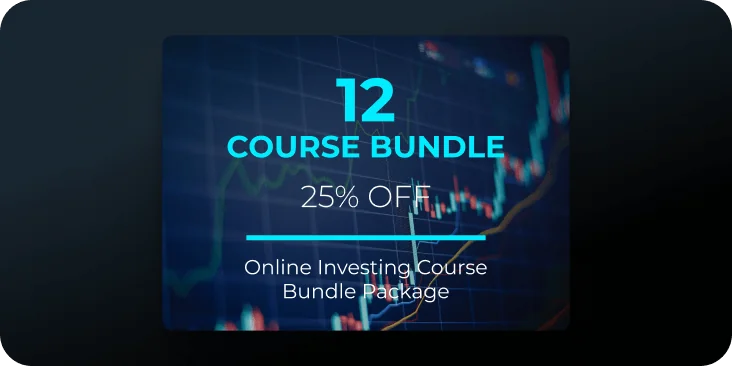 Promotional card advertises a course bundle, displaying the text: "12 COURSE BUNDLE 25% OFF Online Investing Course Bundle Package" over a dark blue...