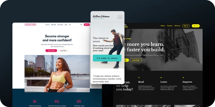 Three overlapping website mockups: a fitness landing page with a smiling woman, a mobile coaching card offering a life choice, and a dark-themed...