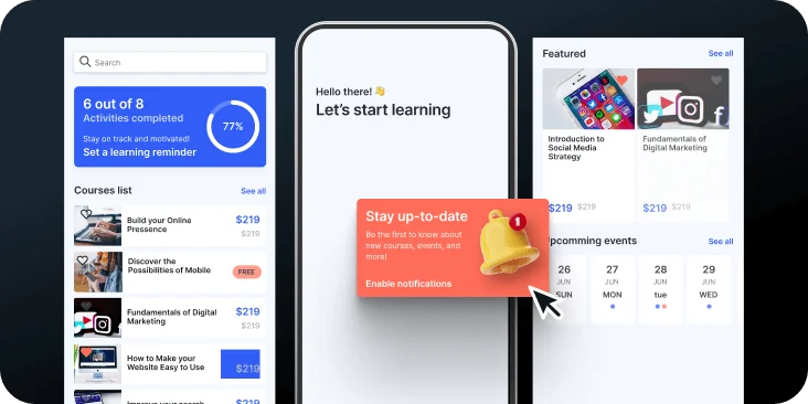 Smartphone screen shows a learning app; a pop-up urges enabling notifications while course lists and featured cards appear in side panels on a dark...