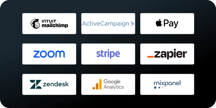Grid of nine company logo cards arranged in three rows on a dark, rounded-rectangle background.