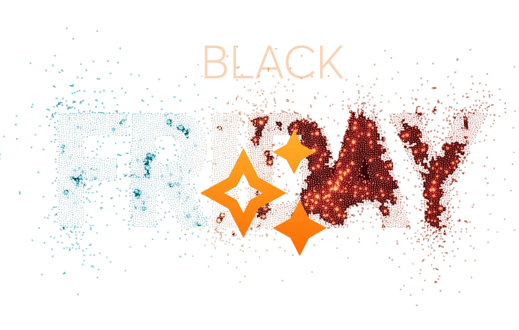 Text "BLACK FRIDAY" appears formed from dispersed blue-to-orange particles; three orange sparkle shapes overlay the center, set against a solid black...