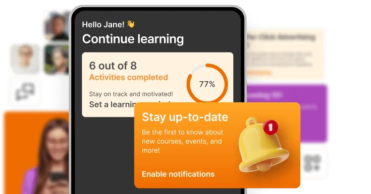 A smartphone screen displays learning progress and a notification card overlaid on blurred profile cards in the background.