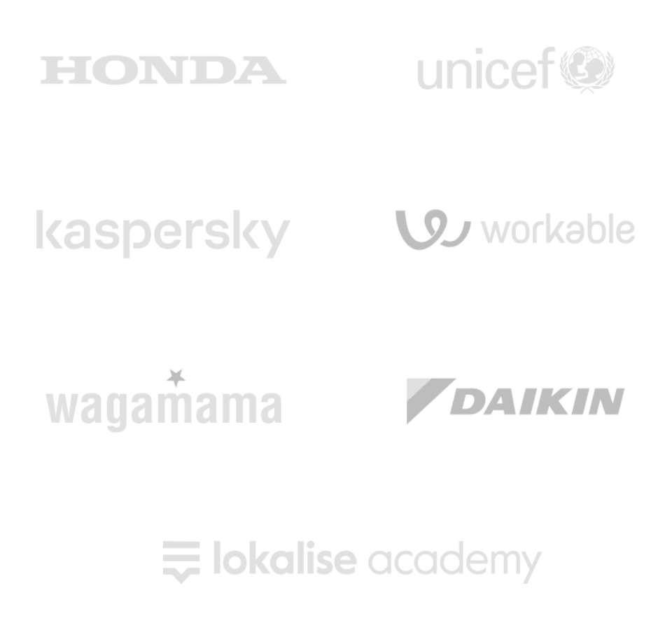 Logos arranged on a black background: HONDA; unicef; kaspersky; workable; wagamama; DAIKIN; lokalise academy.