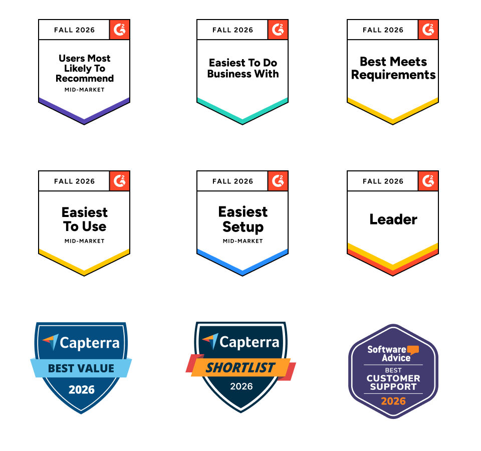 Grid of LearnWorlds G2 Fall 2026 badges on a black background.