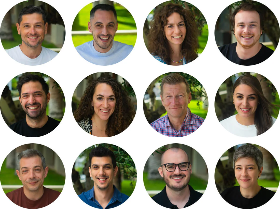 Twelve smiling adult headshots posed in circular frames, looking at the camera, set against blurred outdoor greenery and arranged in a three-by-four...
