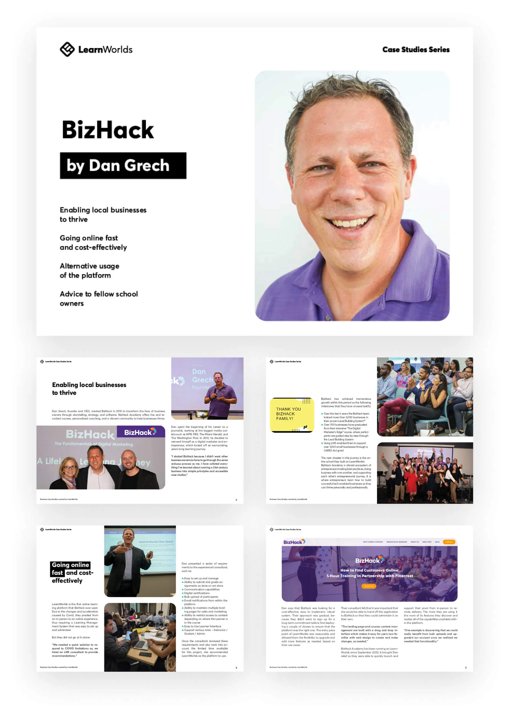Document cover showing a framed portrait of a smiling man, titled BizHack, with several small preview pages laid out below on a white background.