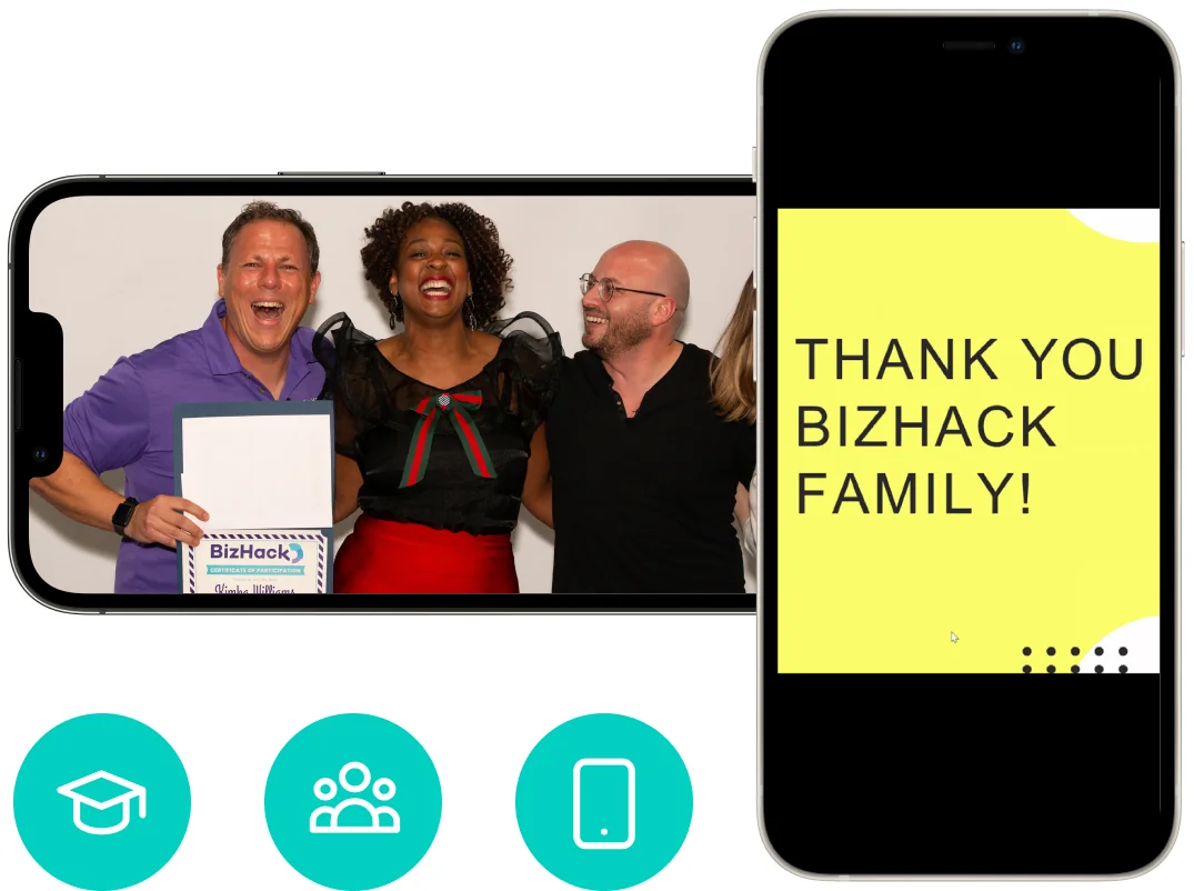 Three adults laugh and pose, one holding a BizHack certificate inside a horizontal smartphone frame; an adjacent vertical phone displays a bright...