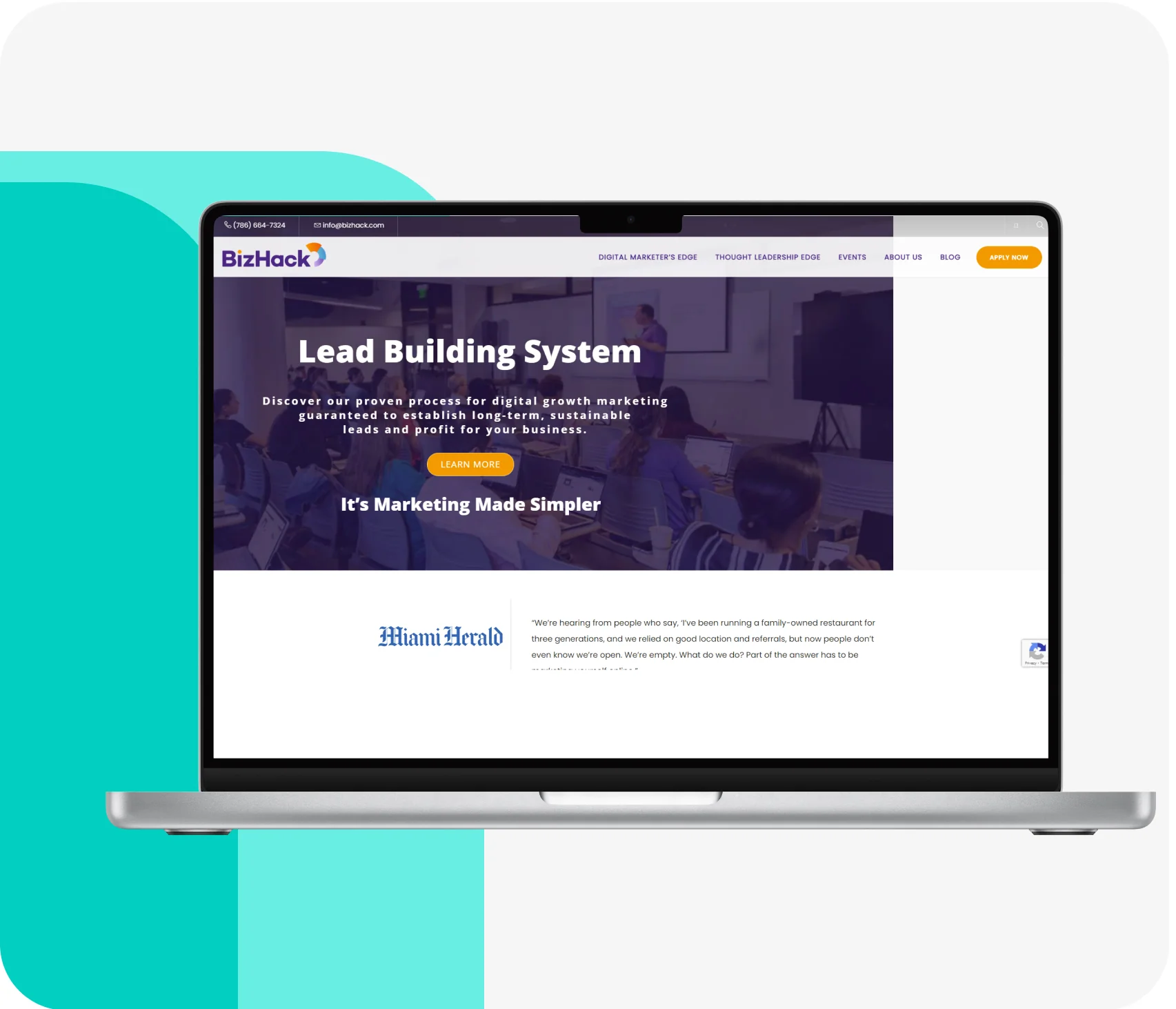 Laptop displaying a BizHack website promoting a lead-generation program, showing a hero headline and call-to-action against a blurred classroom image...