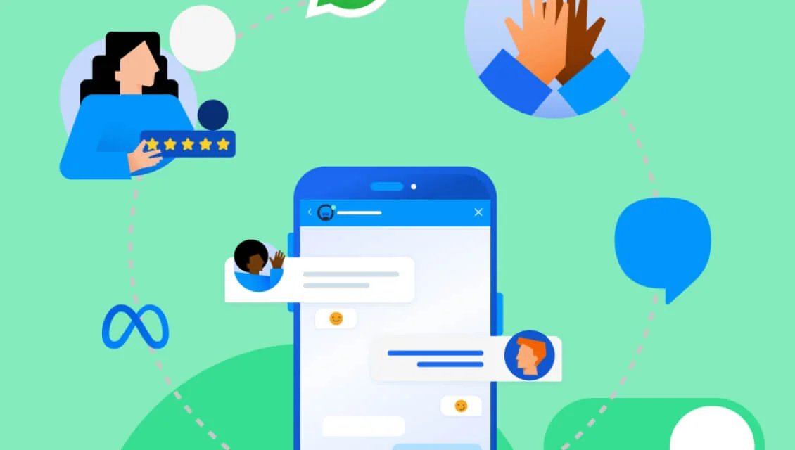 A blue smartphone displays chat bubbles with small avatar icons and emoji responses, surrounded by floating social icons—speech bubbles, a five-star...