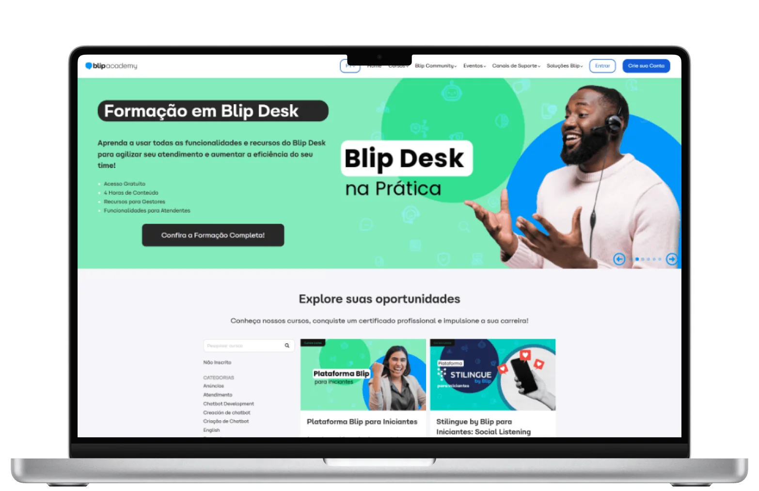 Website homepage promotes Blip Desk training: a smiling headset-wearing man gestures beside a mint-green course banner above a list of available...