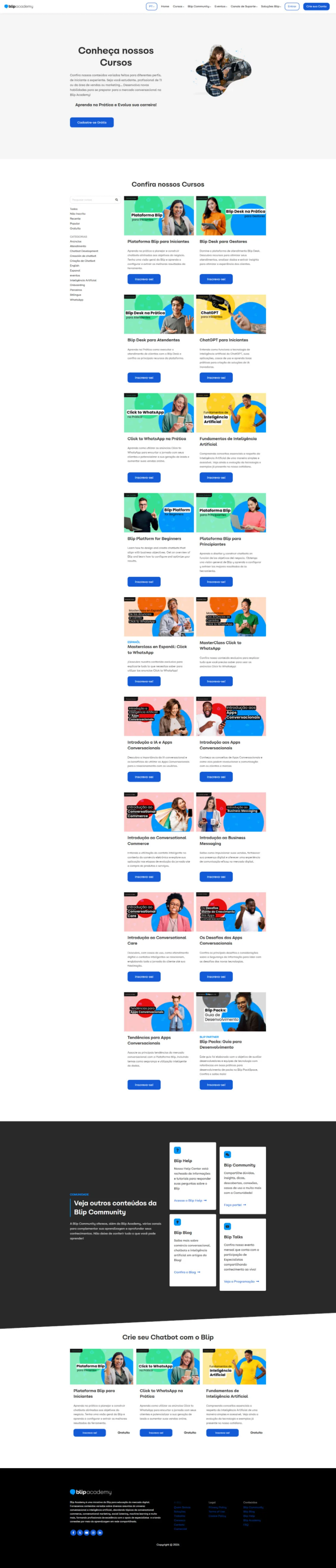 Webpage showing a course catalog: a hero section and stacked course cards listing titles, descriptions and enrollment buttons on a white page with a...