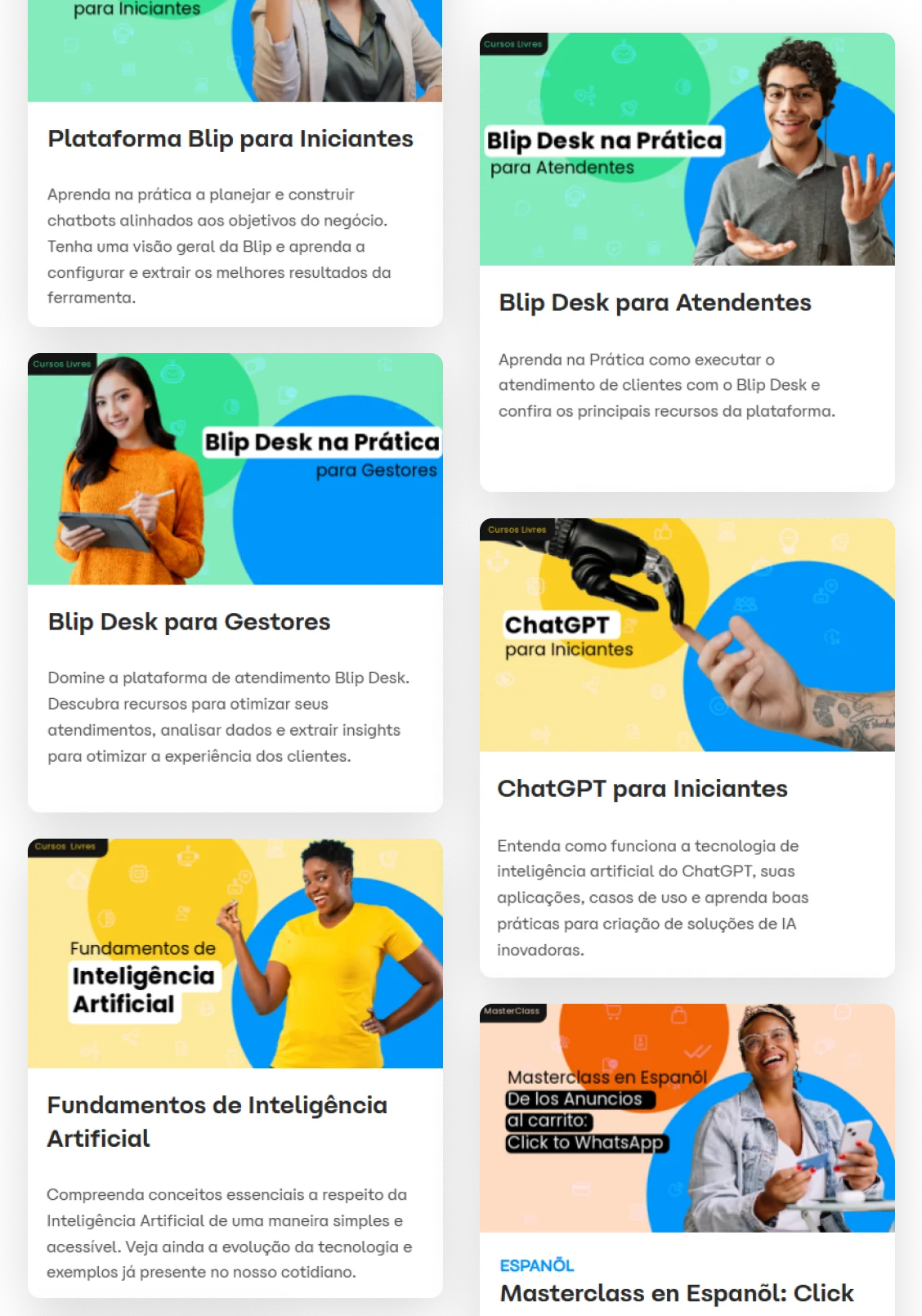 Grid of colorful course cards featuring people and hand graphics advertising online courses on a dark textured background.