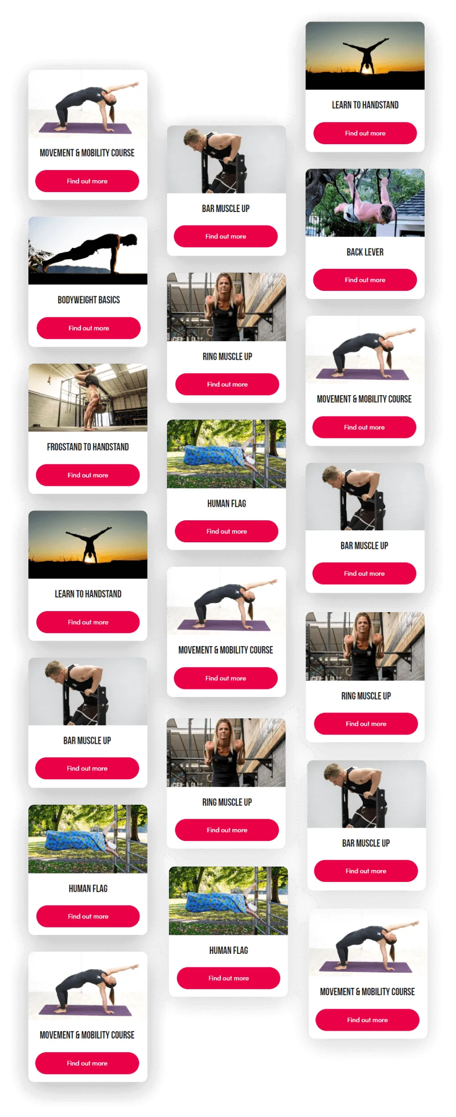 Grid of fitness-course cards showing people performing calisthenics poses, arranged in vertical columns on a dark background.