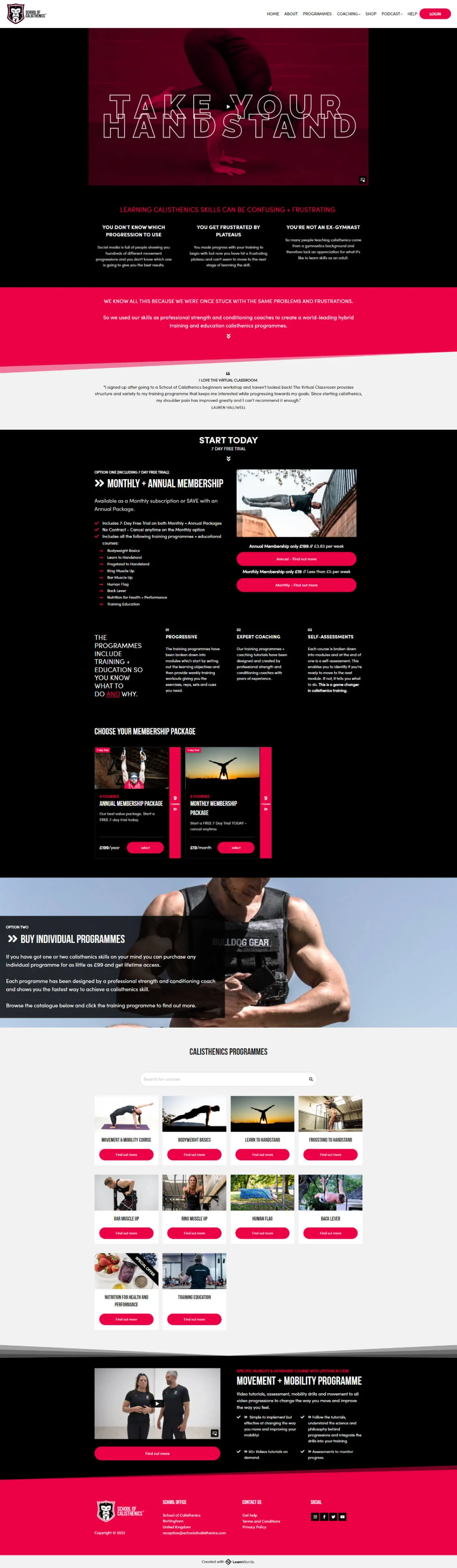 A fitness website homepage shows a person practicing a handstand on a dark red banner, promoting calisthenics programs and memberships in a...