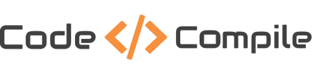 Logo features the text "Code </> Compile" in dark gray, separated by an orange angled-bracket code symbol (</>), displayed on a white background.
