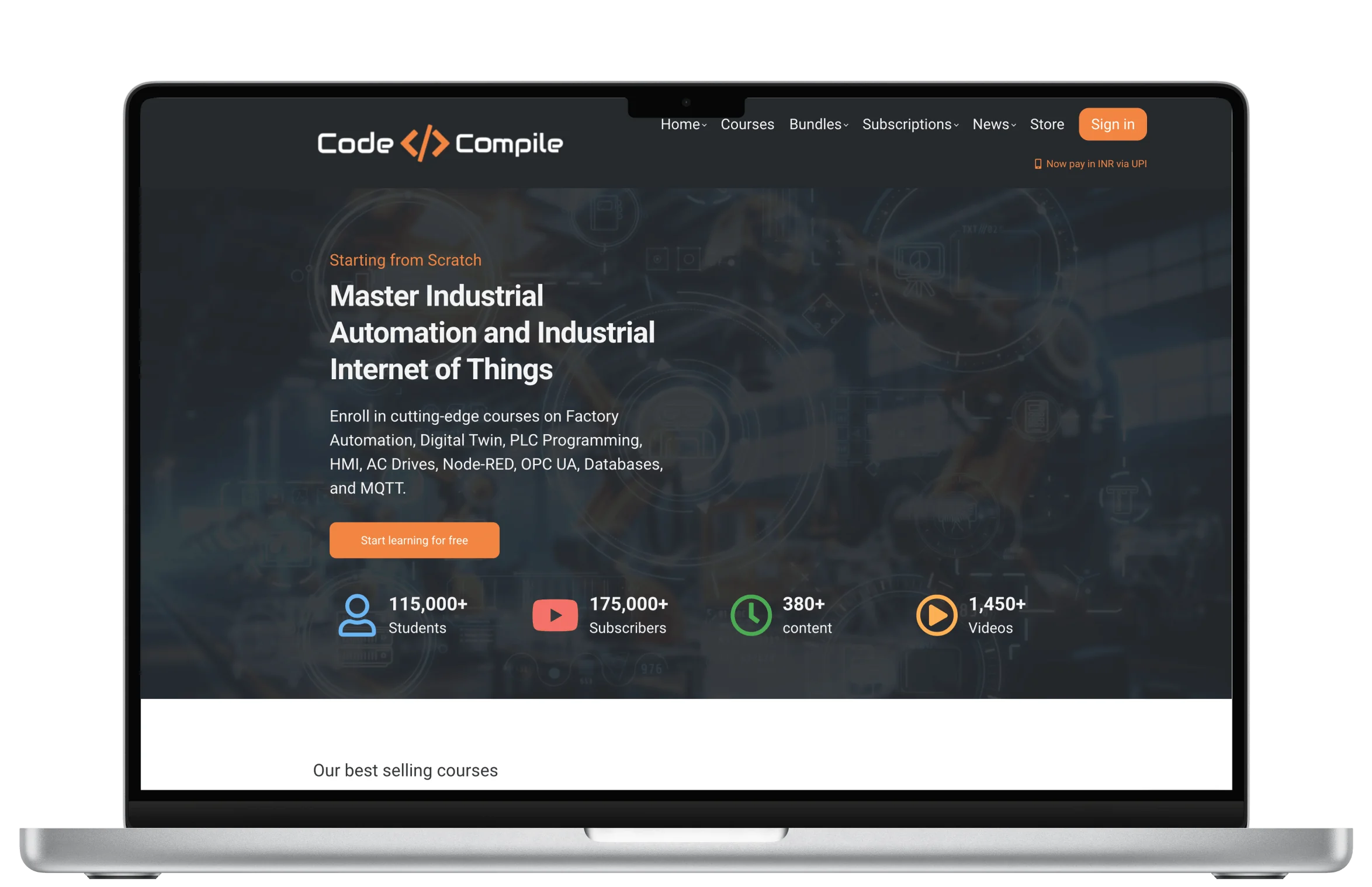 Homepage advertises industrial automation courses on a laptop screen, showcasing course highlights and user stats against a dark, factory-themed...