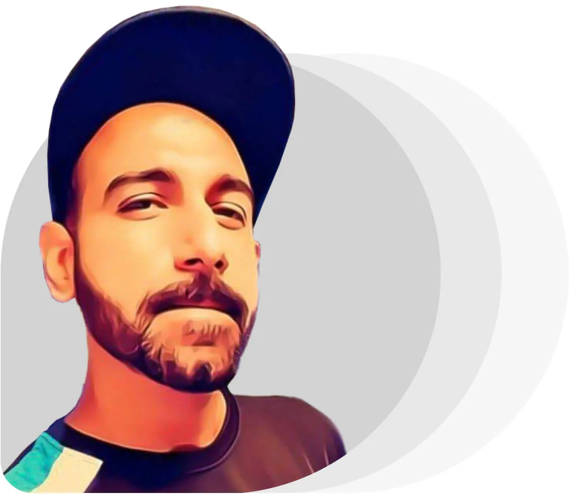 Bearded man wearing a dark baseball cap, tilting his head and looking slightly up with a subtle smirk; stylized, high-contrast illustration against...