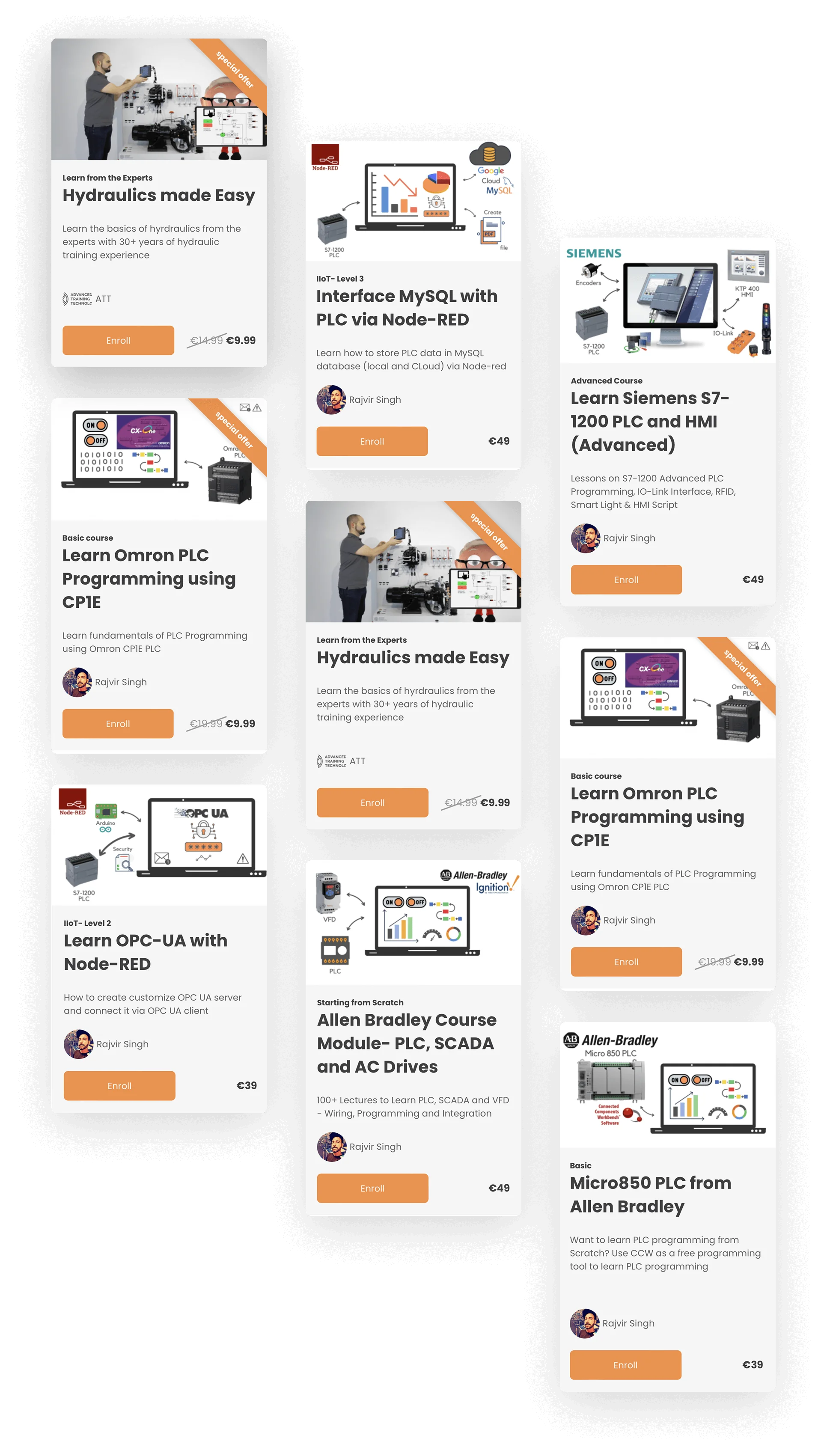 Course cards display technical training offerings arranged in three staggered columns on a dark background.