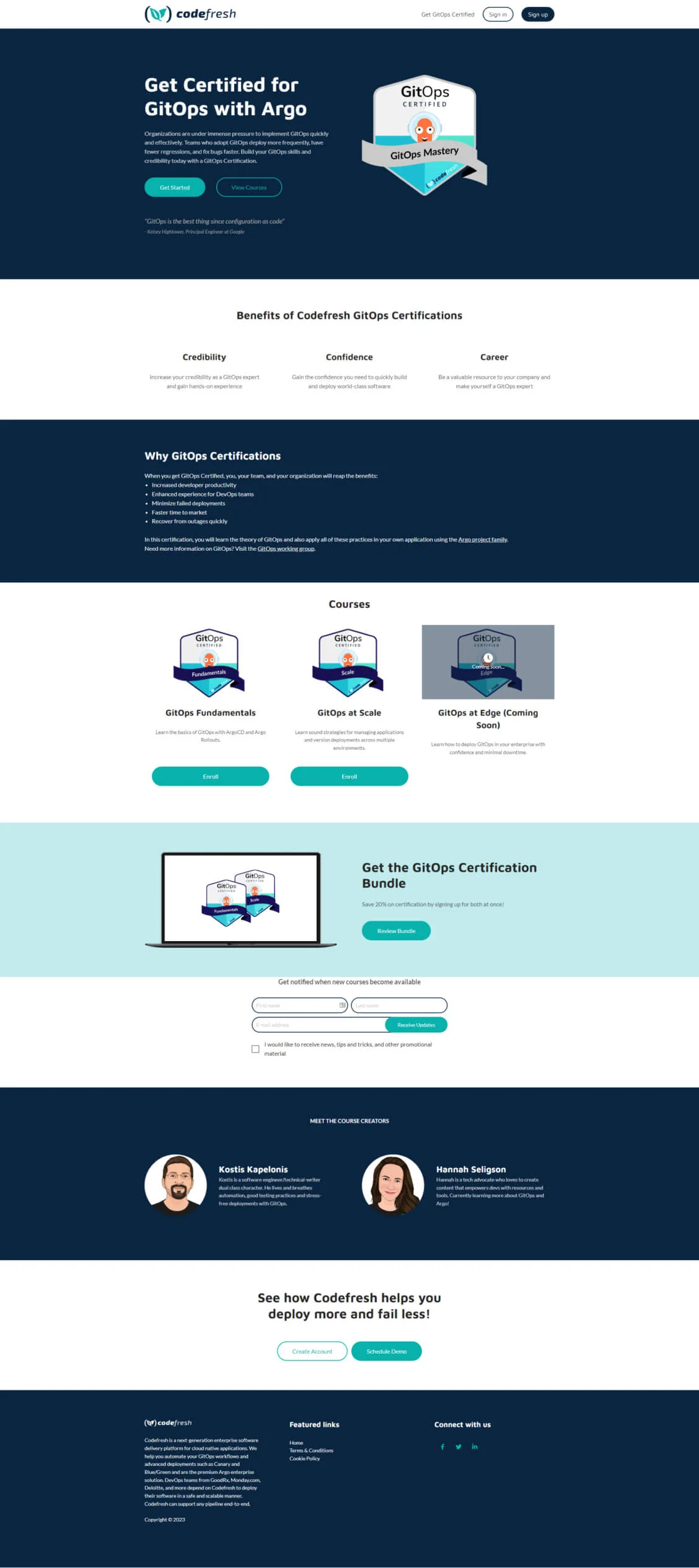 Main object: Codefresh GitOps certification landing page — action: promotes courses, enrollment, and a certification bundle — context: badge, course...
